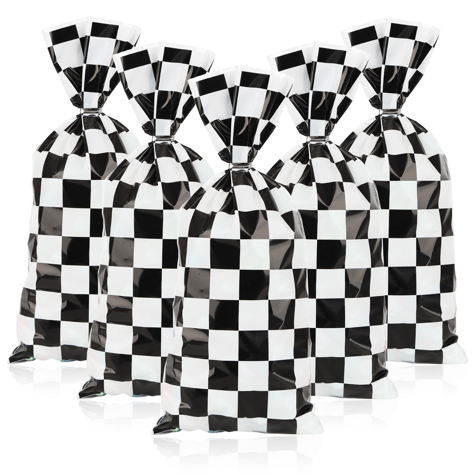 Mikzhskr 30Pcs Race Car VTF5Party Favors Bag Black White Checkered Racing Treat Candy Bag Goodie Bag Soccer Theme Cellophane Bags with 30Pcs Silver Twist Ties for Cars Birthday Party Supplies