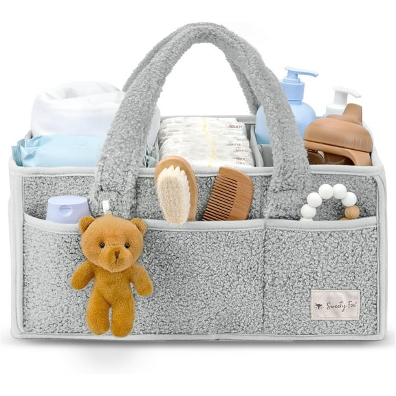 Sweety Fox Baby Diaper Caddy Organizer with Handle - Portable Soft Sherpa Nursery Basket Bag - Great for Car and Home - Gray