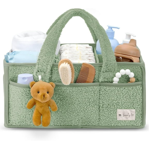 Sweety Fox Baby Diaper Caddy Organizer with Handle - Portable Soft Sherpa Nursery Basket Bag for Baby Care - Great for Car and Home - Green
