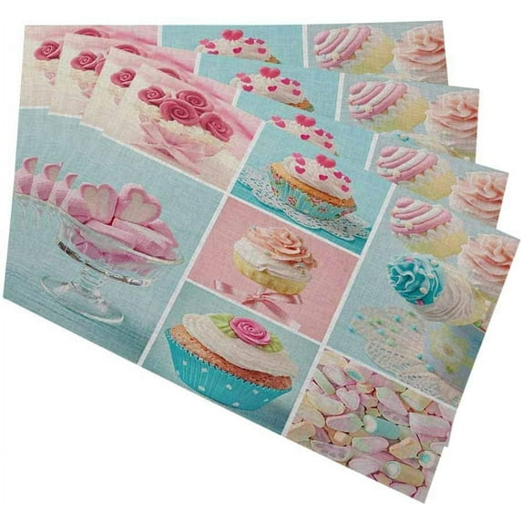 Sweety Placemats for Kitchen Dining Table Set of 4 Pastel Colored Cupcakes and Marshmallow Linen Place Mats