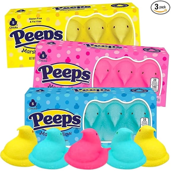Sweetzo Easter Peeps Marshmallow Assortment, Pink Yellow and Blue Chicks, 5 Chicks in Each, Pack of 3