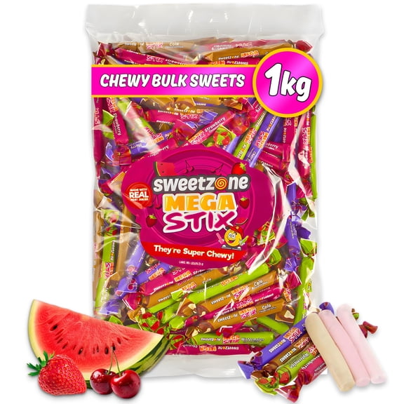 Sweetzone Mega Stix Assorted 1kg Halal Chewy Fruit Sweets Bulk Party Sweets