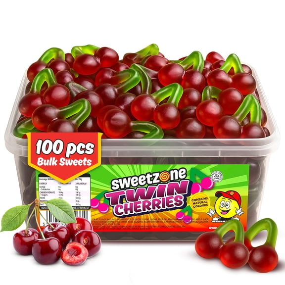 Sweetzone Twin Cherry Sweet Tub | Halal Cherry Sweets 100 Pieces 800g