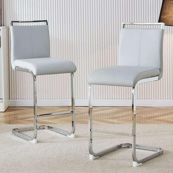 Sweiko 25in Home Bar Stools Set for 2 Counter Height Bar Stool with PU Cushion Backrest Kitchen Island Bar Chair with Silver Plated Arched Legs for Dining Room Living Room Pub Restaurant Light Grey