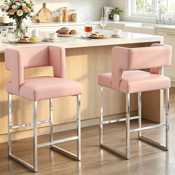 Sweiko 26" Counter Height Bar Stools Set of 2, Modern Faux Leather Upholstered Barstools, Kitchen Island Chairs with Backrest and Footrest for Home Patio Club, Pink