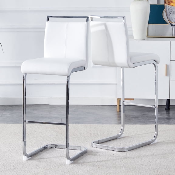 Sweiko 30in Bar Stools Set of 2,Counter Height Bar Stools with Back,White PU Kitchen Chairs with Silver Metal Leg Upholstered High Dining Chair for Kitchen Counter Dining Island Bar Pub