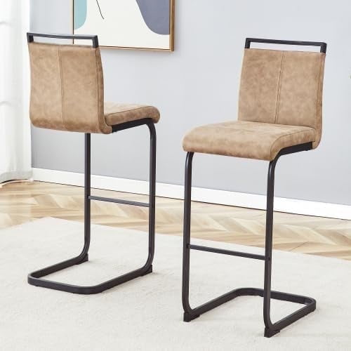 Sweiko 30in Bar Stools Set of 2,Counter Height Bar Stools with Backs,Brown Tech Fabric Kitchen Chairs with Black Metal Leg Upholstered High Dining Chair for Kitchen Counter Dining Island Bar Pub