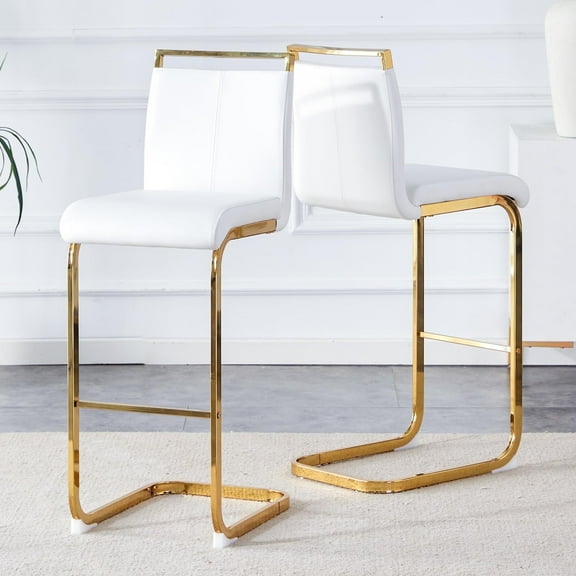 Sweiko 30in Bar Stools Set of 2,Counter Height Bar Stools with Backs,White PU Kitchen Chairs with Gold Metal Leg Upholstered High Dining Chair for Kitchen Counter Dining Island Bar Pub