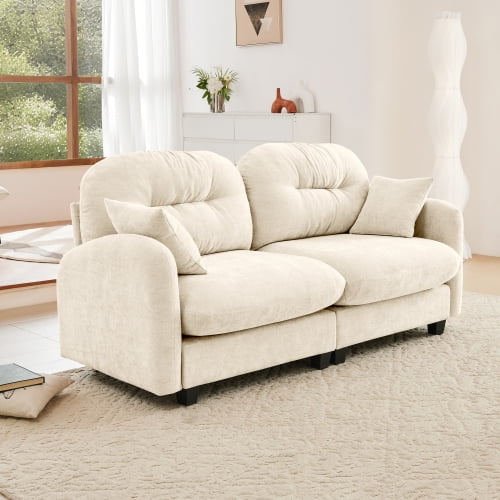 Sweiko 74" Loveseat Sofa, Modern Chenille Sectional Sofa Cloud Couch, Upholstered Deep Seat Sectional Couch with Pillows, Living Room Sofa, 2-Seat, Beige