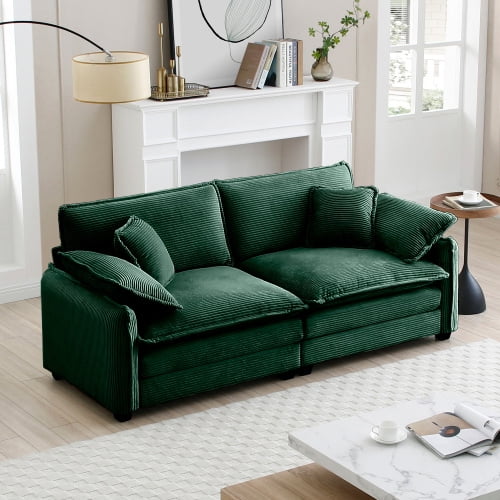 Sweiko 81" Striped Loveseat Sofa, Modern Corduroy Sectional Sofa Cloud Couch, Upholstered Deep Seat Sectional Couch with Pillows, Living Room Sofa, 2-Seat, Green