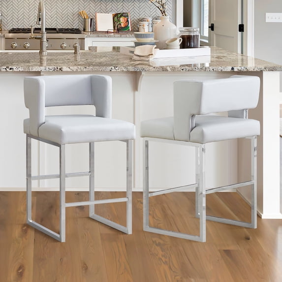 Sweiko Bar Stools Set for 2, 26" Upholstered Counter Height Bar Chairs, PU Leather Square Open Backrest Kitchen Island Chairs, Modern Bar stools with Metal Legs for Home Bar Pub