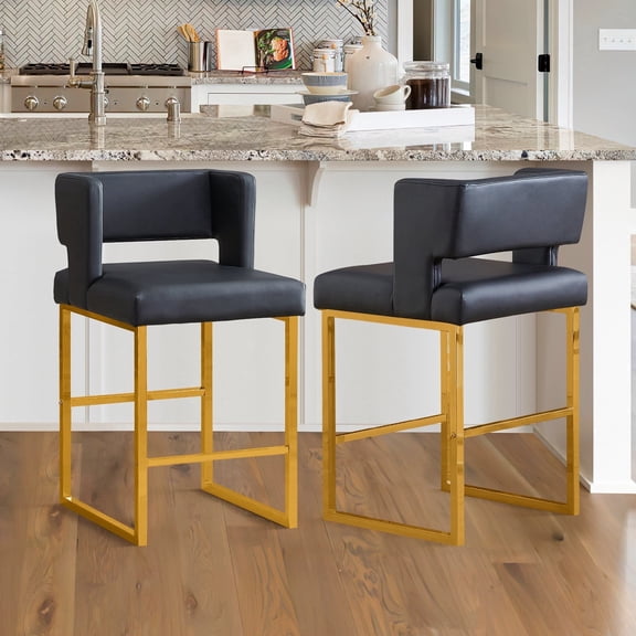 Sweiko Bar Stools Set for 2, 26" Upholstered Counter Height Bar Chairs, PU Leather Square Open Backrest Kitchen Island Chairs, Modern Bar stools with Metal Legs for Home Bar Pub