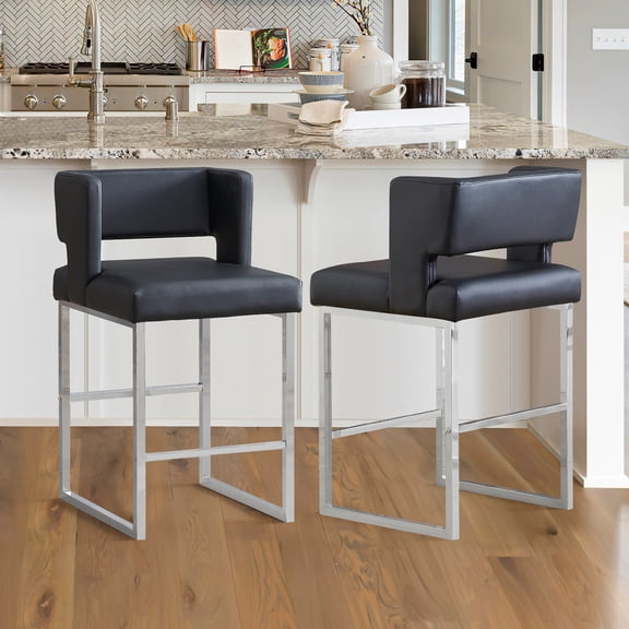 Sweiko Bar Stools Set of 2, 26" Upholstered Counter Height Bar Chairs, Square Open Backrest PU Leather Kitchen Island Chairs, Modern Bar stools with Metal Legs for Home Bar Pub
