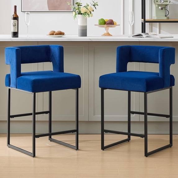 Sweiko Bar Stools Set of 2, Velvet Counter Height Bar Chairs, Square Open Backrest Kitchen Island Chairs, 26" Modern Bar stools with Black Iron Legs for Home Bar Pub