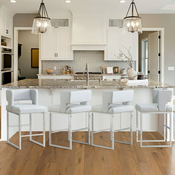 Sweiko Bar Stools Set of 4, 26" Upholstered Counter Height Bar Chairs, Square Open Backrest PU Leather Kitchen Island Chairs, Modern Bar stools with Metal Legs for Home Bar Pub