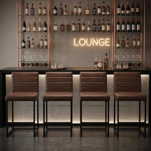 Sweiko Brown Counter Height Bar Stools Set of 4, Faux Leather Upholstered Barstools with Back, 25.6" Metal Frame Bar Chairs for Kitchen Island Home Bar