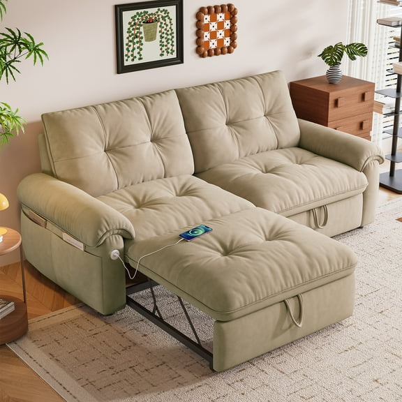 Sweiko Convertible Sofa Bed, Velvet Pull Out Sleeper Sofa Bed with USB Ports, Futon Couch Bed with Side Pockets, Cozy Oversized Loveseat Chaise Lounge for Living Room, Small Space
