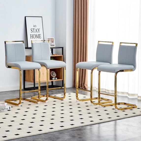 Sweiko Counter Height Bar Stool 25in PU Upholstered Bar Chairs with C-shaped Gold Plated metal legs,Set for 4,Light Grey