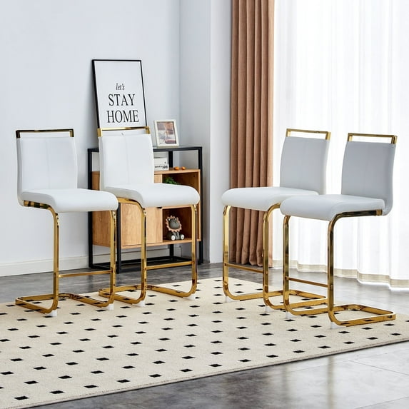Sweiko Counter Height Bar Stool 25in PU Upholstered Bar Chairs with C-shaped Gold Plated metal legs,Set for 4,White