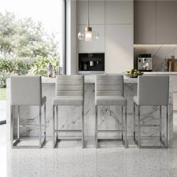 Sweiko Faux Leather Counter Height Bar Stools Set of 4, Upholstered Barstools with Back, 25.6" Metal Frame Bar Chairs for Kitchen Island Home Bar, Gray