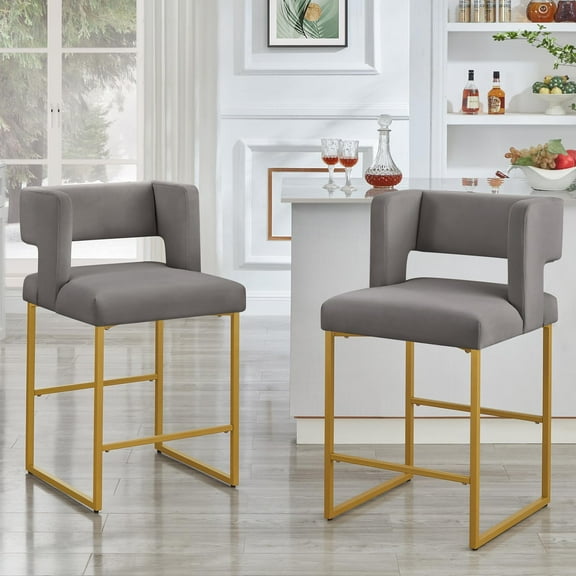 Sweiko Metal Bar Stools Set for 2 with Square Open Backrest for Kitchen Island,26in Fabric Velvet Counter Height Bar Chair,Modern Bar stools with Golden Iron Legs for Home Bar Pub Grey