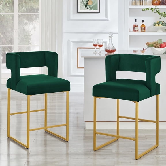 Sweiko Modern Bar Stools Set of 2 with Square Open Backrest for Kitchen Island, 26" Velvet Counter Height Bar Chair with Golden Iron Metal Legs for Home Bar Pub Emerald Green Dining Chairs