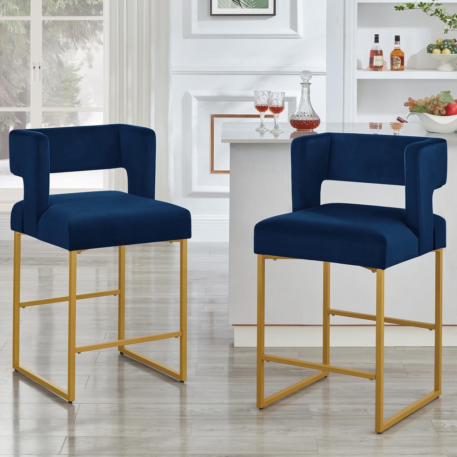 Sweiko Modern Counter Heigt Bar Stools Set of 2 Navy Blue Fashion Counter Stools with Back for ...