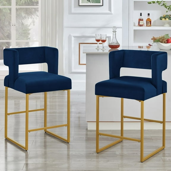 Sweiko Modern Counter Heigt Bar Stools Set of 2 Navy Blue Fashion Counter Stools with Back for Kitchen Island, 26'' Barstools Upholstered Bar Chairs Island Stools with Metal Legs for Home