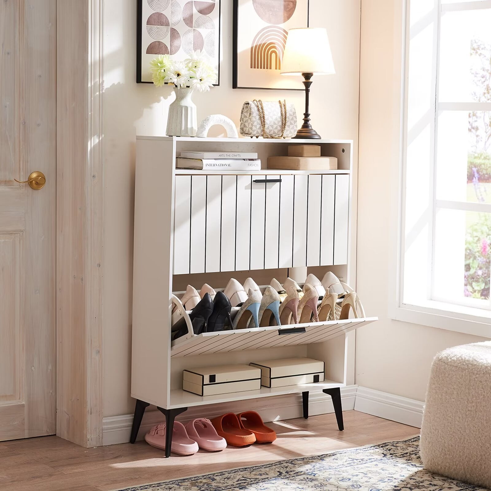 すうこ ♡ Sweiko Narrow Shoe Storage Cabinet with 2 Flip Drawers Wooden Shoe