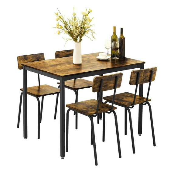 Sweiko Rustic Dining Table Set of 5 Rectangular Kitchen Table and Chair with Metal Leg Wood Breakfast Table Set For 4 For Breakfast Nook Restaurant Apartment Small Spaces Rustic Brown