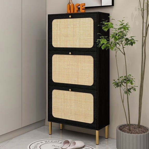 Sweiko Shoe Cabinet with 3 Flip Drawer Natural Rattan Shoe Cabinet Organizer Freestanding Wooden Shoe Rack Storage Cabinet With Metal Legs for Entryway Hallway Bedroom Mudroom Black