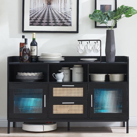 Sweiko Storage Cabinet Home Bar furniture with RGB LED Light,Modern buffets & sideboard for Dining Room, Kitchen, Hallway, Living Room, Wine Cabinet with Rattan Drawers, 46.69" W TV Stand Cheap Black