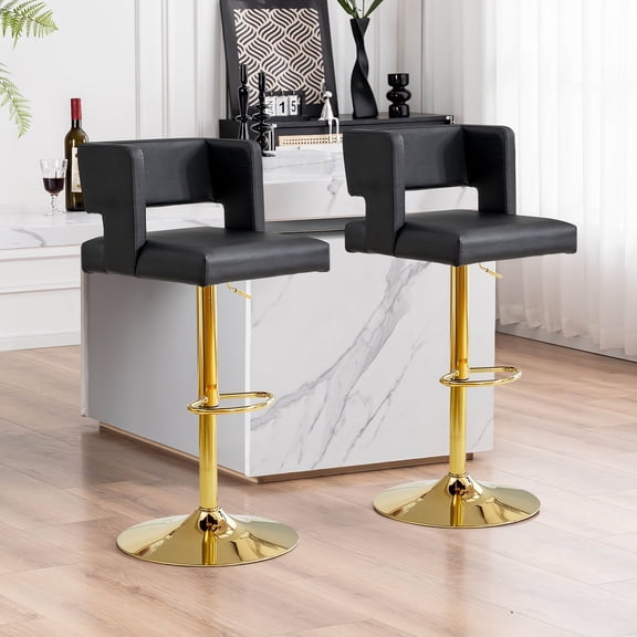 Sweiko Swivel PU Leather Bar Stools, 2pcs Adjustable Bar Chairs, Modern Upholstered Kitchen Counter Height Barstools, Gold Metal Leg Bar Stools with Backres, Black