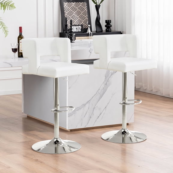 Sweiko Swivel PU Leather Bar Stools, 2pcs Adjustable Bar Chairs, Modern Upholstered Kitchen Counter Height Barstools, Silver Metal Leg Bar Stools with Backres, White
