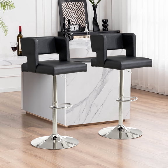 Sweiko Swivel PU Leather Bar Stools, 2pcs Adjustable Bar Chairs, Modern Upholstered Kitchen Counter Height Barstools, Silver Metal Leg Bar Stools with Backres, Black