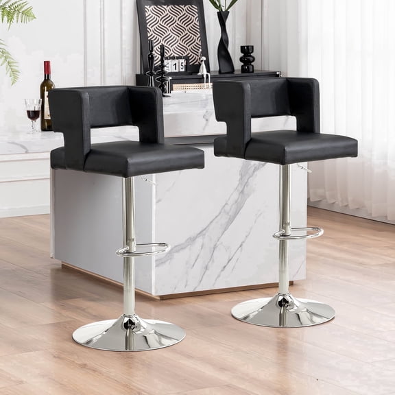 Sweiko Swivel PU Leather Bar Stools, 2pcs Adjustable Bar Chairs, Modern Upholstered Kitchen Counter Height Barstools, Silver Metal Leg Bar Stools with Backres, Black