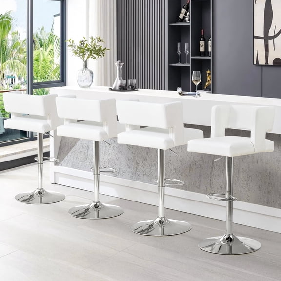 Sweiko Swivel PU Leather Bar Stools, 4pcs Adjustable Bar Chairs, Modern Upholstered Kitchen Counter Height Barstools, Silver Metal Leg Bar Stools with Backres, White