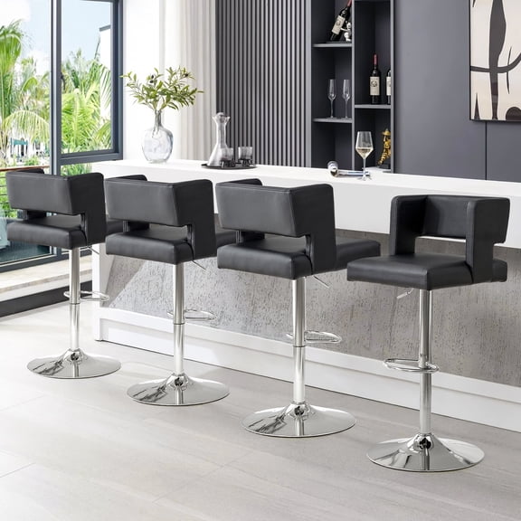 Sweiko Swivel PU Leather Bar Stools, 4pcs Adjustable Bar Chairs, Modern Upholstered Kitchen Counter Height Barstools, Silver Metal Leg Bar Stools with Backres, Black