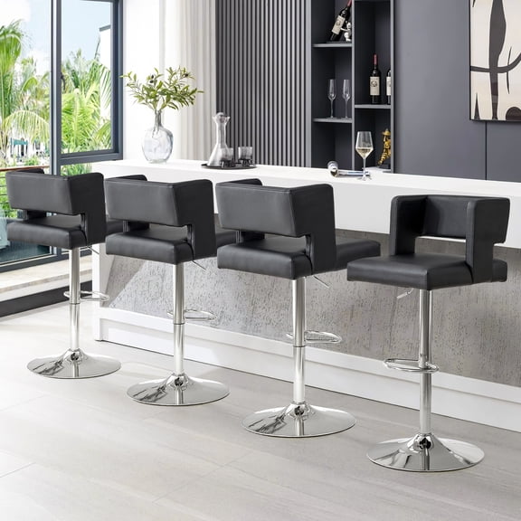 Sweiko Swivel PU Leather Bar Stools, 4pcs Adjustable Bar Chairs, Modern Upholstered Kitchen Counter Height Barstools, Silver Metal Leg Bar Stools with Backres, Black