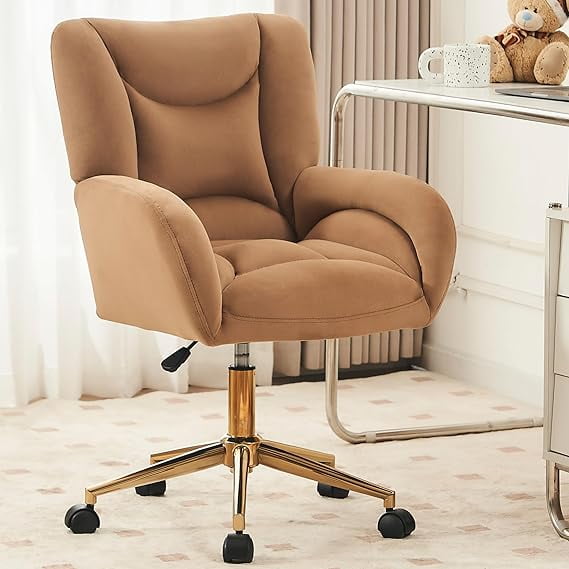 Sweiko Velvet Desk Chair with Metal Frame Velvet Office Chair with Wheels and Arms for Home Office Modern Computer Desk Chair Height Adjustable Vanity Chair with Back Task Chair Coffee