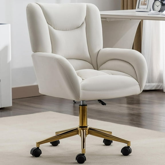 Sweiko Velvet Desk Chair with Wheels and Arms for Home White Velvet Office Chair Height Adjustable Vanity Chair with Back Modern Office Chair with Gold Base