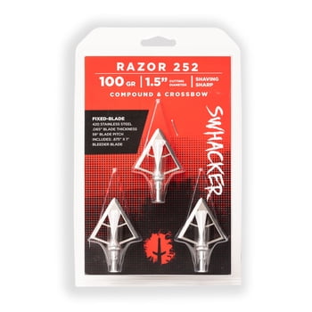 (Pack of 3) RAZORSeries #252 Fixed Blade Broadheads by Swhacker, 4-Blade 100 Grain 1.5" Cut