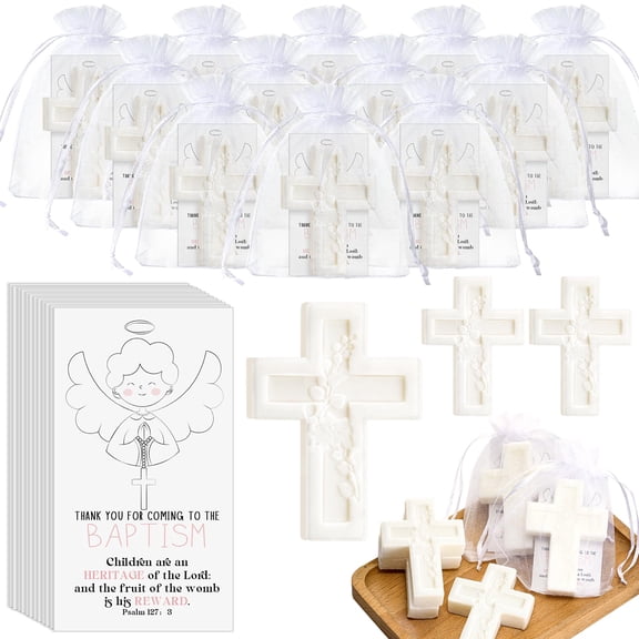 Swiffen 20 Pack Baptism Favors for Guests Cross Soap Baby Shower Scented Soap Favors with Greeting Cards Organza Bag Christening Communion Baptism Party Gift for Guests Party Gender Reveal Y101