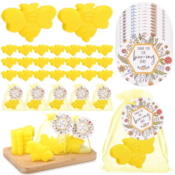 Swiffen 50 Sets Bee Themed Soap Bulk Baby Shower Return Gifts Including Mini Bee Handmade Soaps with Thank You Tags and Organza Bags Gender Reveal Party Favor for Guests Birthday Decorations Y101