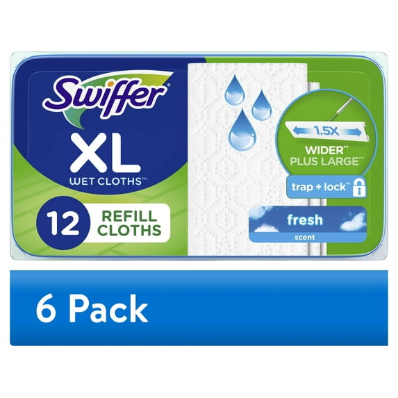 (6 pack) Swiffer Sweep + Mop XL, Wet Pads Refill, Floor Cleaner, Cleaning Cloths, Fresh Scent, 12 Count