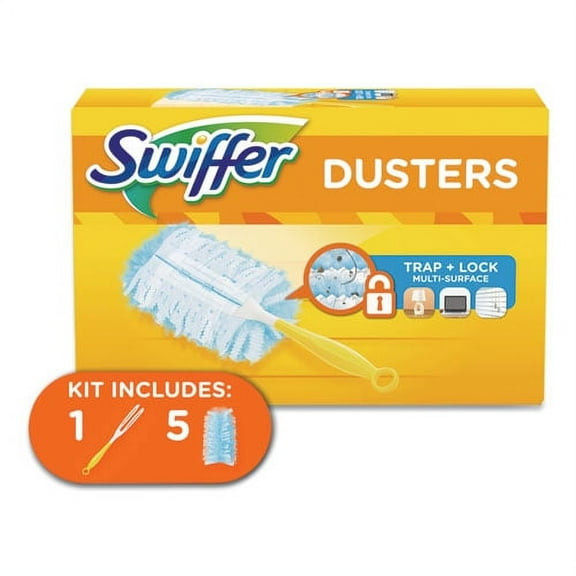 Swiffer-1PK Dusters Starter Kit, Dust Lock Fiber, 6" Handle, Blue-yellow