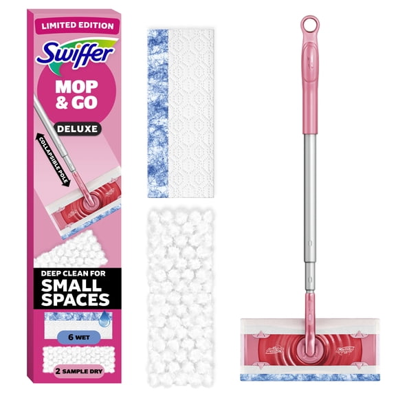 Swiffer Pink Limited Edition Mop & Go Deluxe, 2-in-1 Floor Mopping and Sweeping Kit, 1 Device, 6 Mop Refills, 2 Sweep Refills