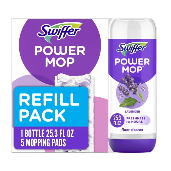 Swiffer Power Mop Refill Pack, Tile, Laminate, Wood, Floor Cleaner, 5 Pads + 1 Lavender Solution
