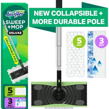 Swiffer Sweep and Mop Deluxe, 2-in-1 Mopping and Sweeping Kit, Multi-Surface Floor Cleaning, Kit Includes 1 Sweeper Device, 5 Heavy Duty Dry Sweeping Cloths, 3 Heavy Duty Wet Mopping Cloths
