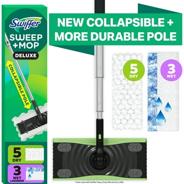 Swiffer Sweep and Mop Deluxe, 2-in-1 Mopping and Sweeping Kit, Multi-Surface Floor Cleaning, Kit Includes 1 Sweeper Device, 5 Heavy Duty Dry Sweeping Cloths, 3 Heavy Duty Wet Mopping Cloths